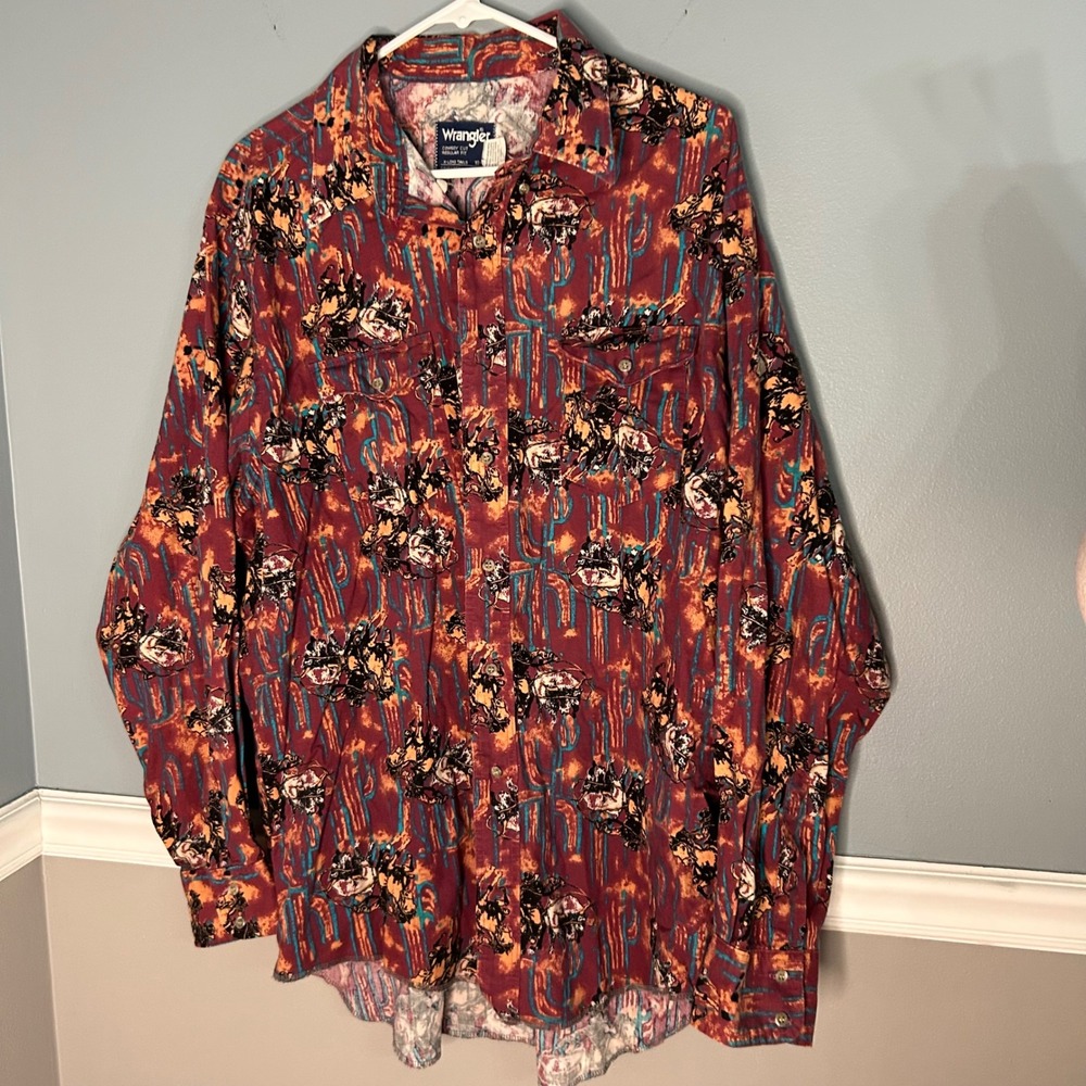 Wrangler Cowboy Cut Vintage Western Shirt Rodeo Bronco Print XL Long Tail USA